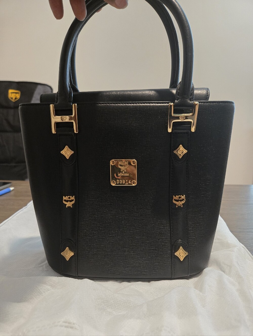 MCM Black Saffiano Studded  Leather  Top-Handle Tote Logo Bag with Gold Hardware